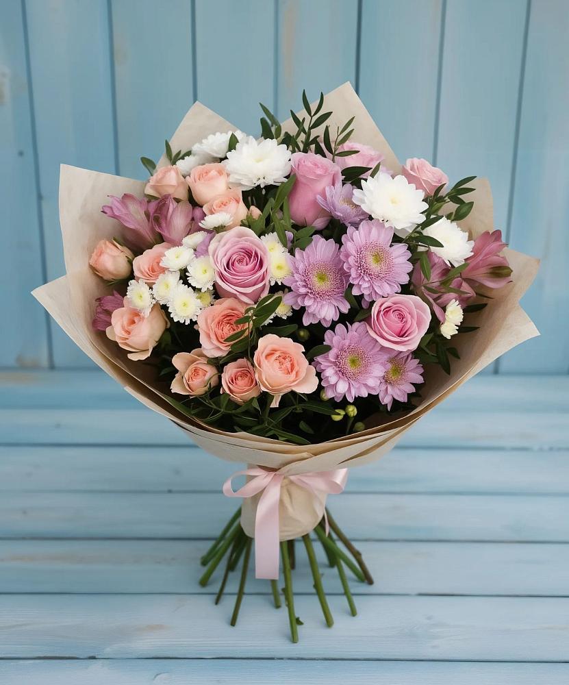 Букет цветов из: Хризантемы, Розы и Альстромерии в Краснофарфорном