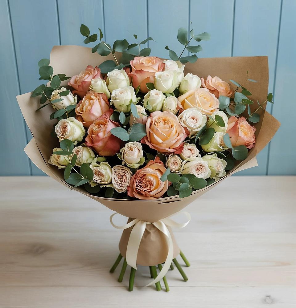 Букет цветов из: Альстромерии и Розы в Краснофарфорном