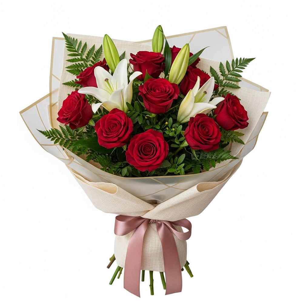 Букет цветов из: Лилии и Розы в Краснофарфорном