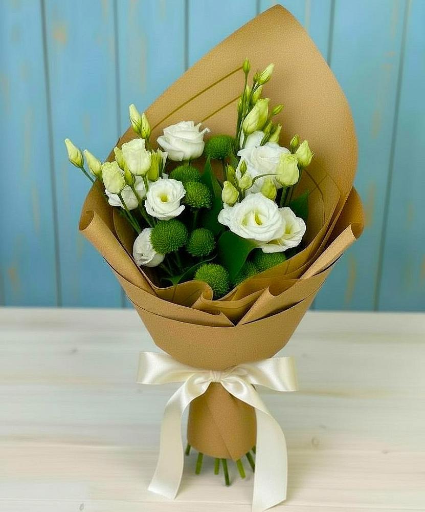 Букет цветов из: Хризантемы и Лизиантусы в Краснофарфорном