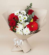 Букет цветов из:  Розы, Хризантемы, Герберы и Лилии в Краснофарфорном