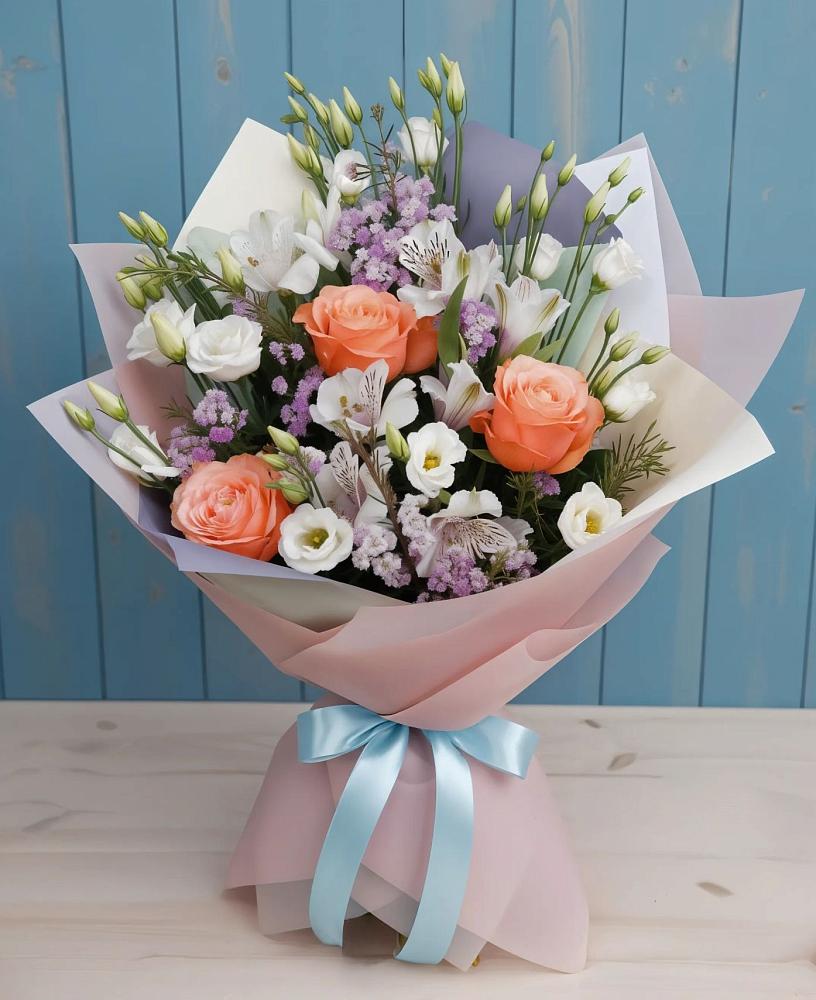 Букет цветов из: Лизиантусы, Розы, Альстромерии и Гипсофила в Краснофарфорном