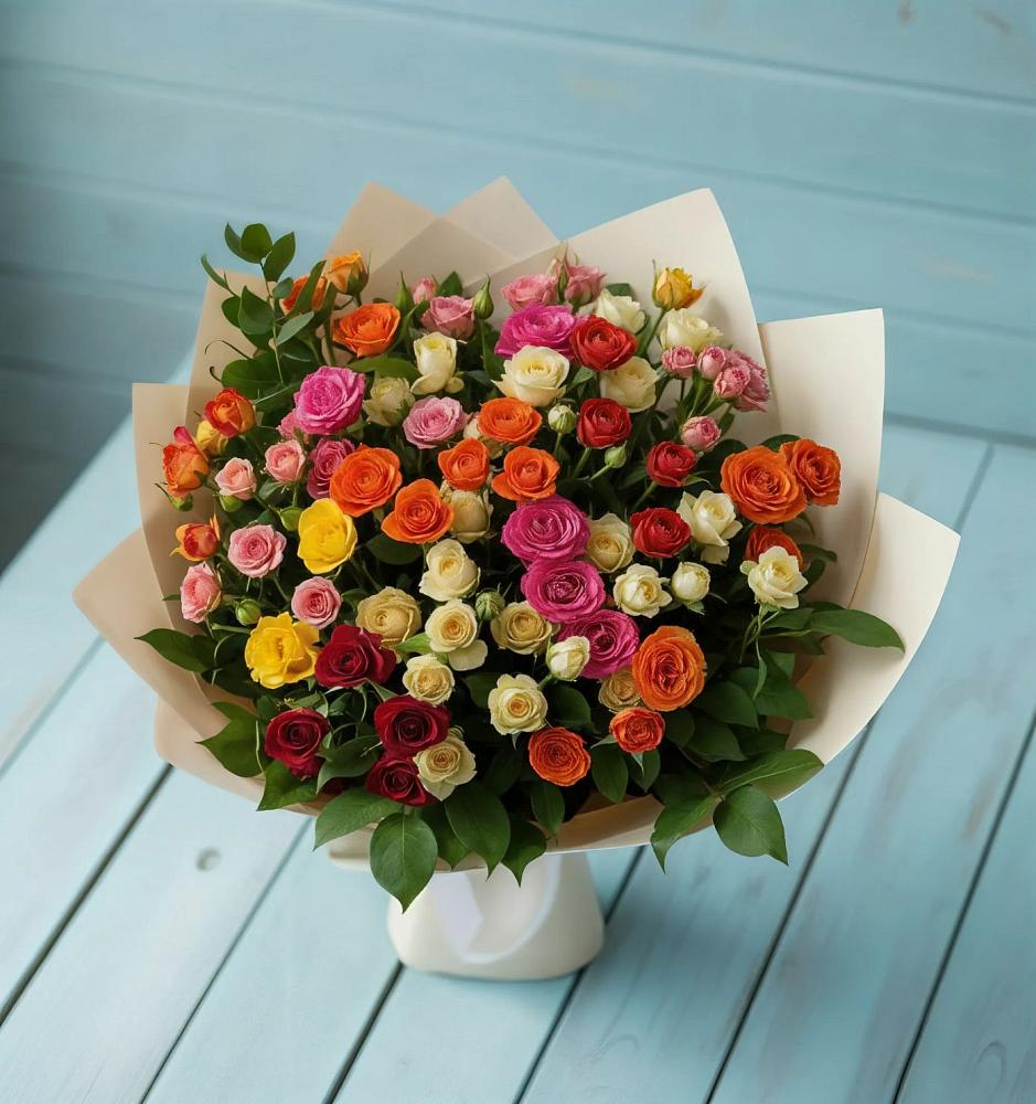 Букет Микс из разноцветных кустовых роз в Краснофарфорном