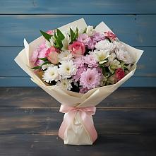 Букет цветов из:  Хризантемы, Альстромерии и Розы #REPLACE_PRED# Краснофарфорном