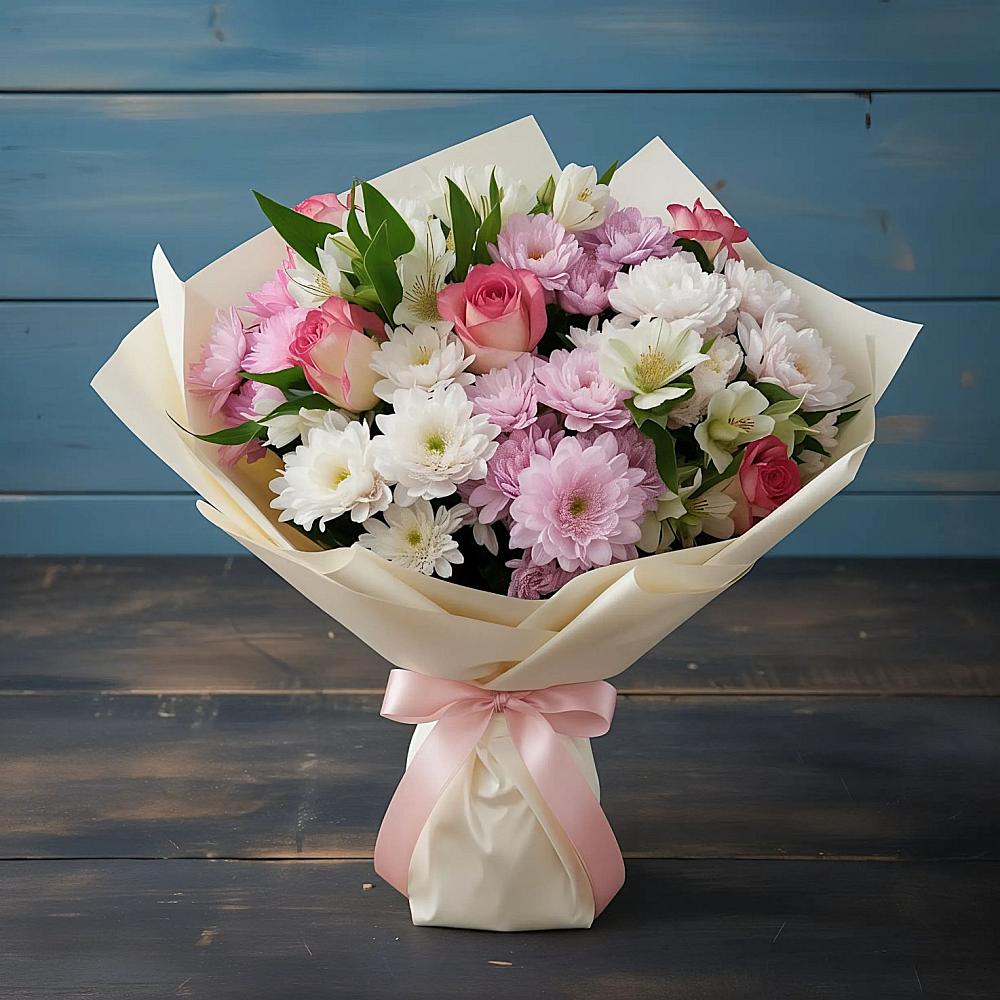 Букет цветов из: Хризантемы, Альстромерии и Розы в Краснофарфорном